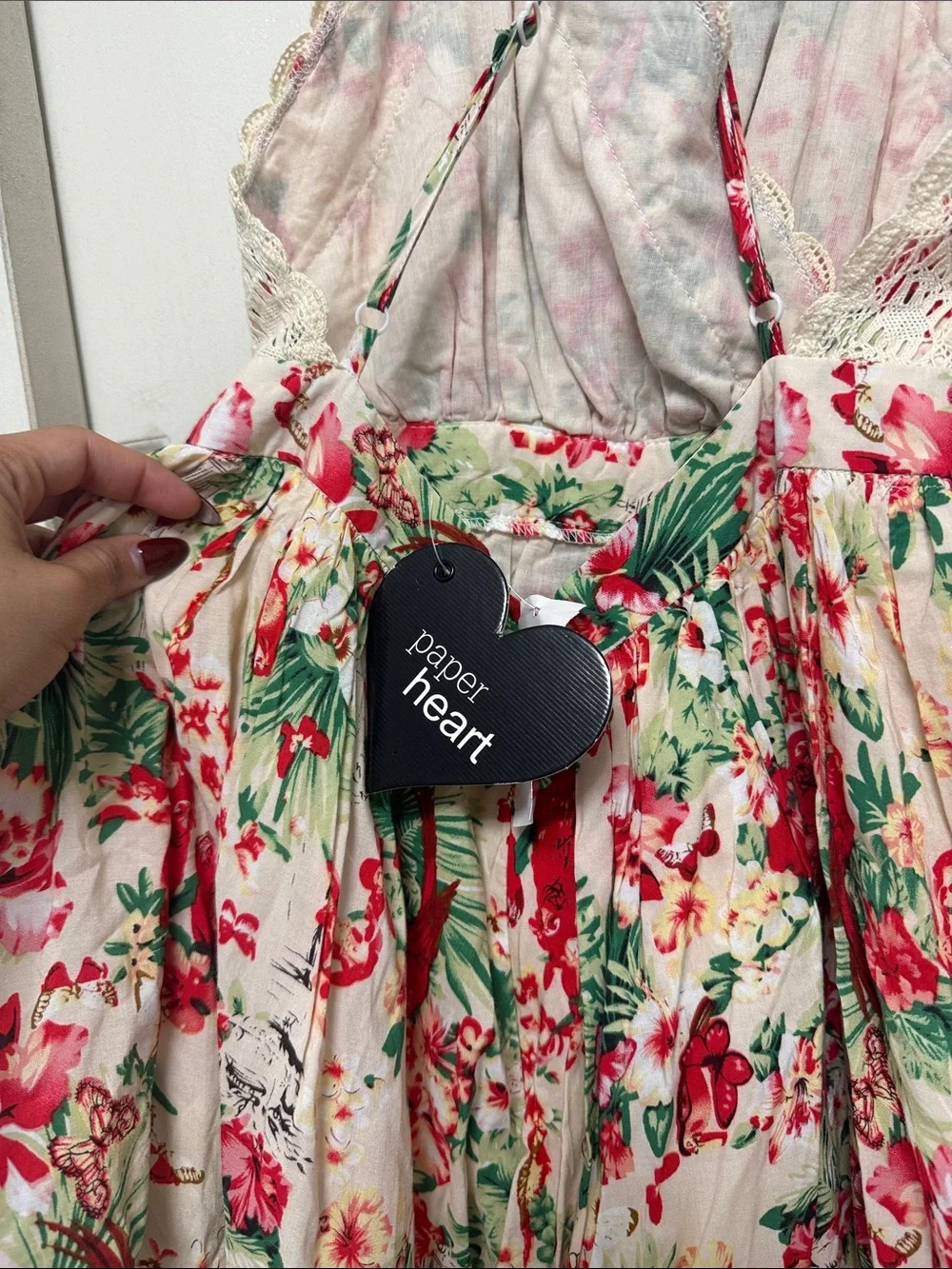 PAPER HEART Floral Lace-Trim Romper in Cream, Red & Green SZ 8